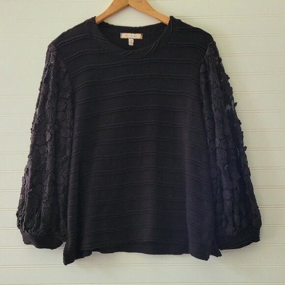 Women's Black Sweater with Textured Sleeves - Picture 1 of 7